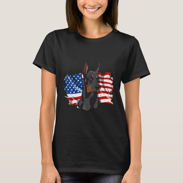 The American Flag With A Proud Patriotic Doberman  T-Shirt (Front)