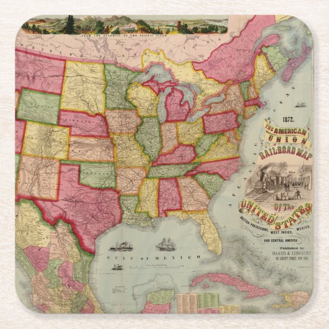 The American Union Railroad Map of the USA, 1872 Square Paper Coaster (Front)