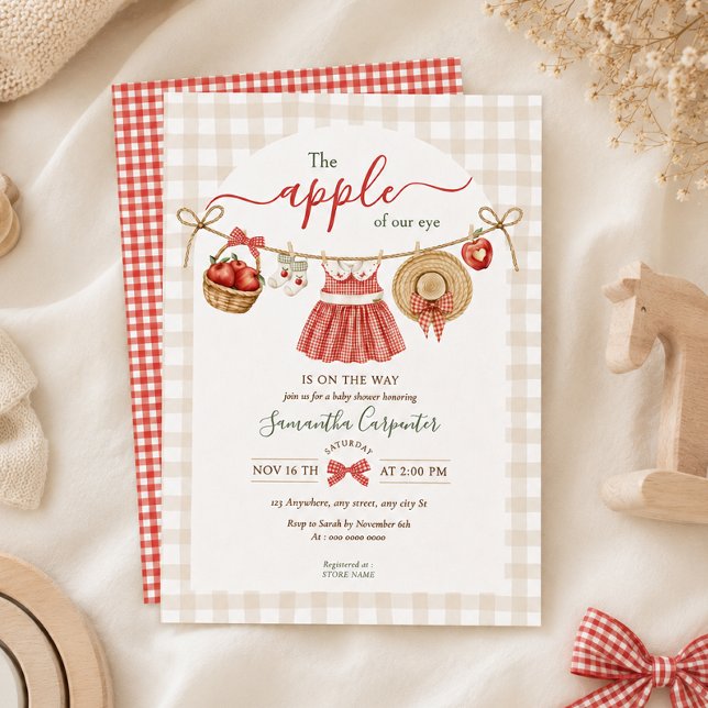 The Apple Of Our Eye Fall red gingham Baby Shower  Invitation (Creator Uploaded)