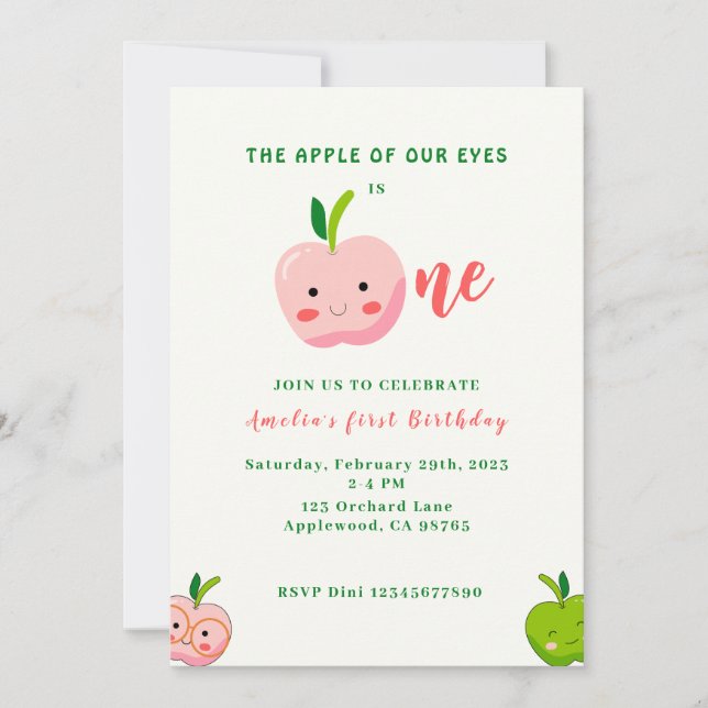 The Apple of Our Eyes first birthday Invitation (Front)