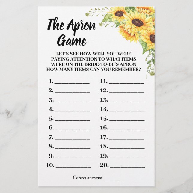 The Apron Bridal Shower Sunflowers Game Card (Front)
