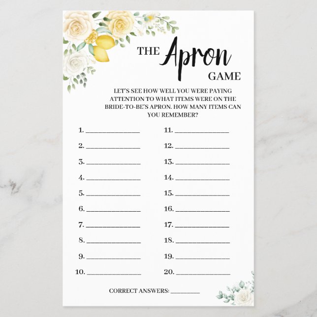 The Apron Game White Roses Bridal Shower Game Card (Front)