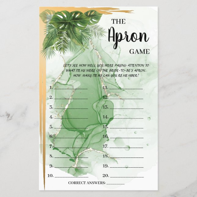 The Apron Tropical Palm Bridal Shower Game Card (Front)