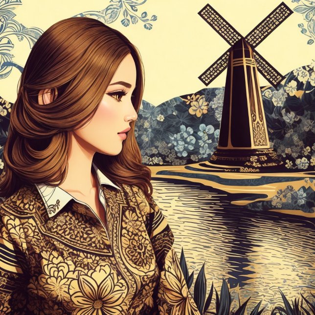 The Art of Balinese Batik Colourful Tapestry -  T-Shirt (Retro Bali Batik Girl Exploring The Dutch Windmill)