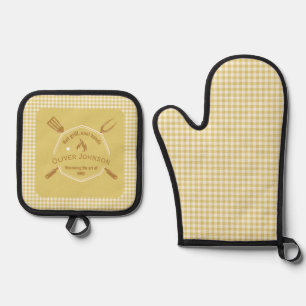 The Art Of BBQ Golden Yellow Plaid Pattern Oven Mitt & Pot Holder Set