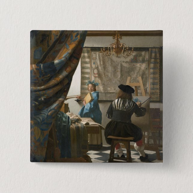 The Artist's Studio, c.1665-66 (oil on canvas) 15 Cm Square Badge (Front)
