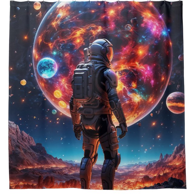 The Astronaut and Colourful Planets Shower Curtain (Front)
