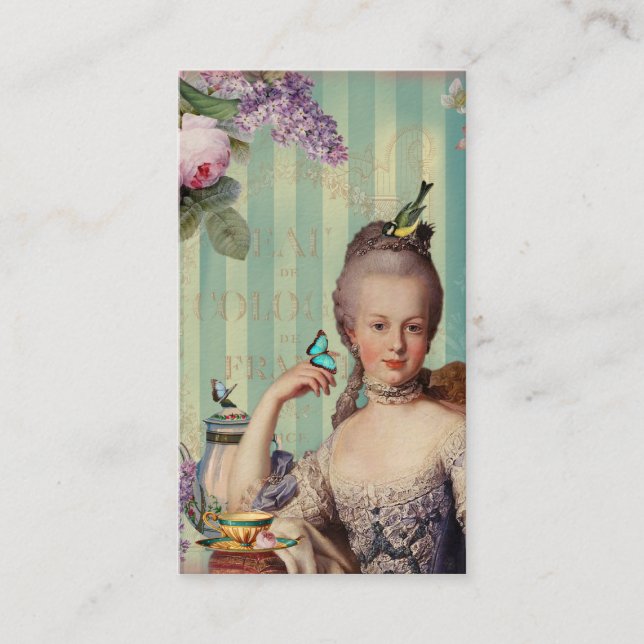 Thé au Petit Trianon on ivory with roses and lilac Business Card (Front)