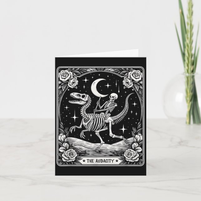 The Audacity Skeleton Riding Dinosaur Tarot Card (Front)