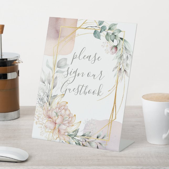The Aureate Frame Mauve Floral Greenery Wedding  Pedestal Sign (In SItu)