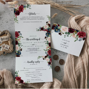 The Autumn Rustic Burgundy Calligraphy Wedding of Tri-Fold Invitation