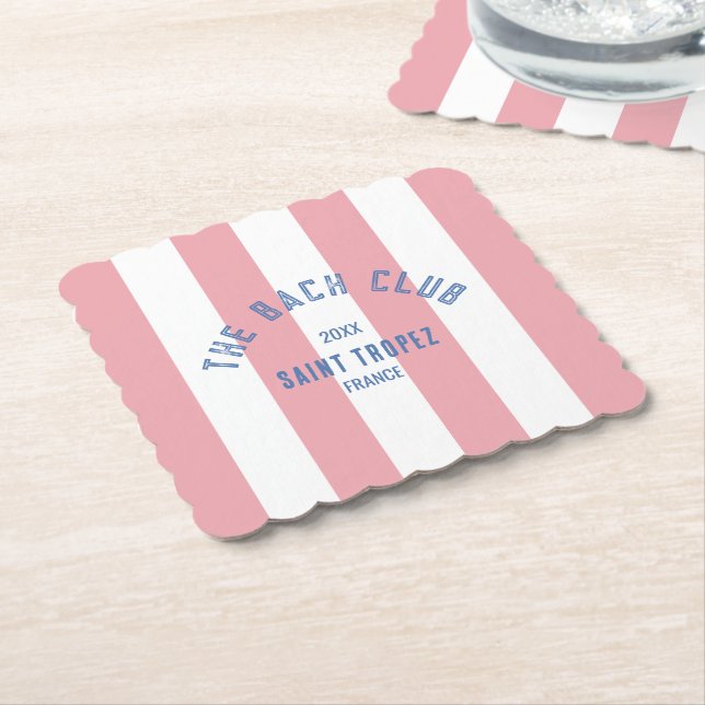 The Bach Club Blue Crest Pink Cabana Stripe Paper Coaster (Angled)