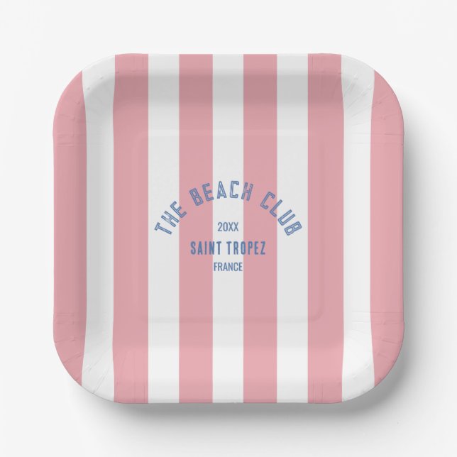 The Bach Club Blue Crest Pink Cabana Stripe Paper Plate (Front)