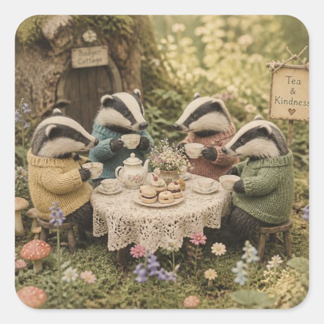 The Badger Tea Party Square Sticker (Front)