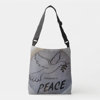 The bag features peace dove and scripture.