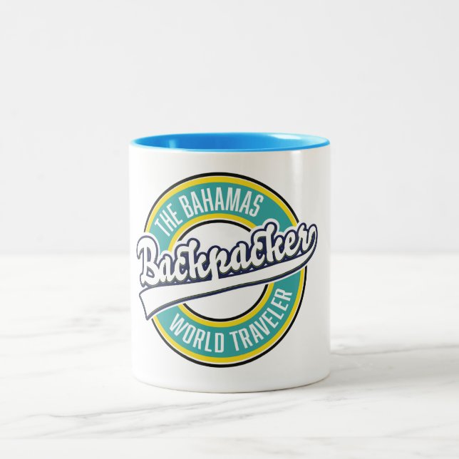 The Bahamas Backpacker World Traveller retro logo. Two-Tone Coffee Mug (Center)