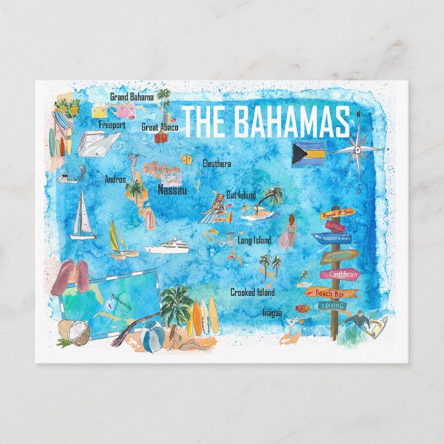 The Bahamas Illustrated Map with Main Roads  Holiday Postcard (Front)