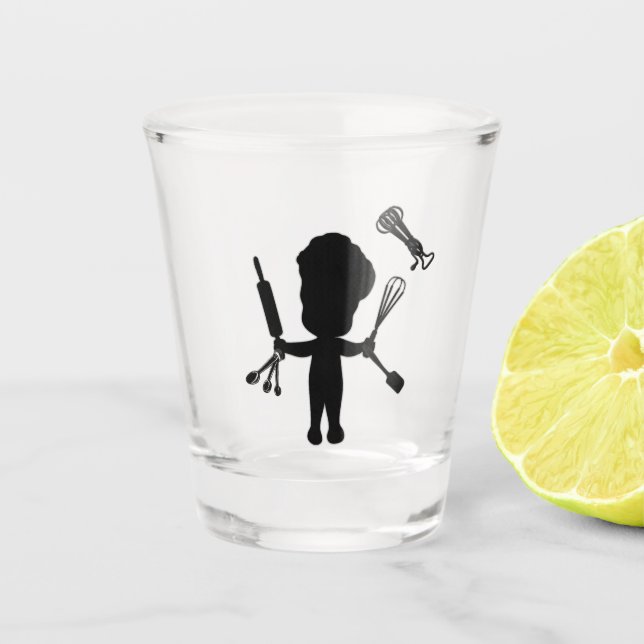 The Baker Juggles His Utensils / Tools Shot Glass (Front)