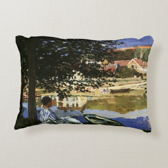 The Bank of the Seine, Bennecourt by Claude Monet Decorative Cushion (Back)