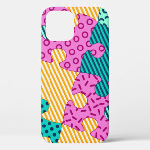 The banner with geometric puzzles, Memphis backgro iPhone 12 Case
