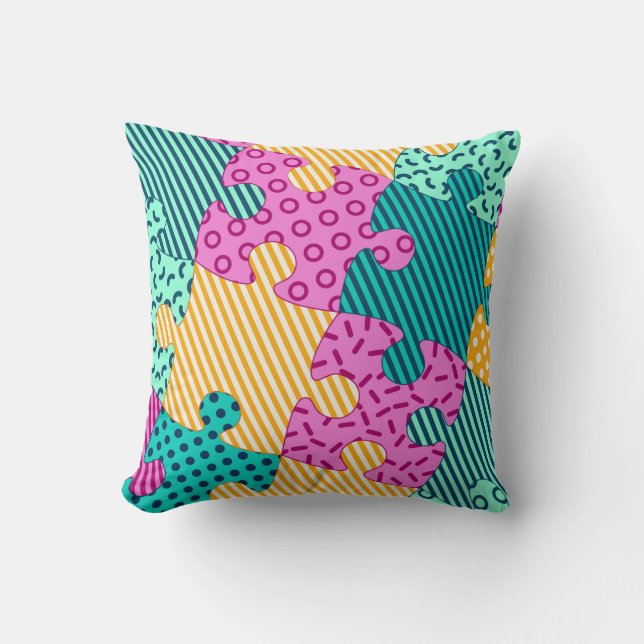 The banner with geometric puzzles, Memphis backgro Cushion (Front)