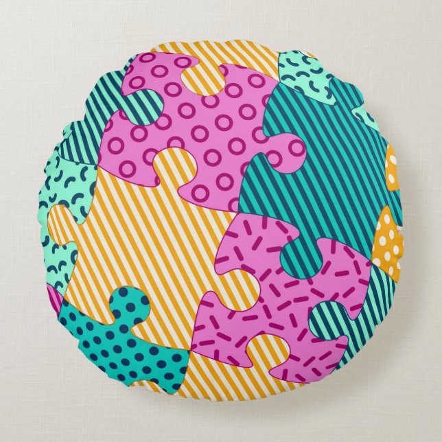 The banner with geometric puzzles, Memphis backgro Round Cushion (Front)