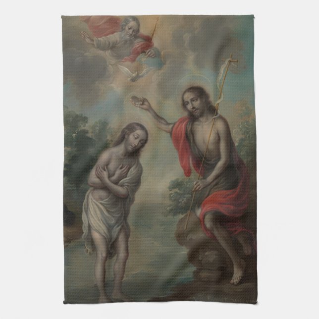 The Baptism of Christ by Nicolás Enríquez Tea Towel (Vertical)