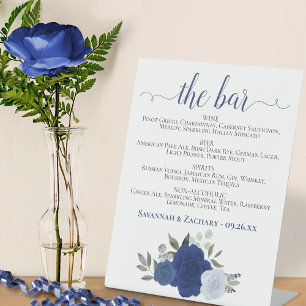 The Bar - Blue Boho Roses Drinks Menu Wedding Pedestal Sign