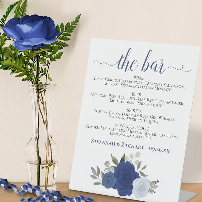 The Bar - Blue Boho Roses Drinks Menu Wedding Pedestal Sign (Creator Uploaded)