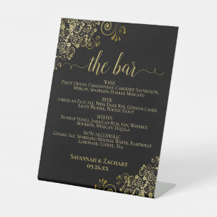 The Bar - Elegant Gold & Black Drinks Menu Wedding Pedestal Sign