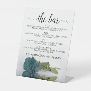 The Bar - Elegant Teal Rose Drinks Menu Wedding Pedestal Sign