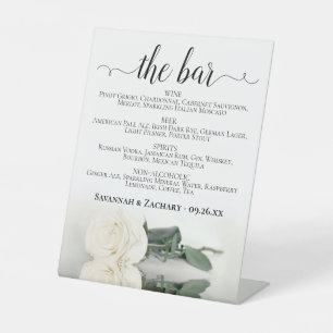The Bar - Elegant White Rose Drinks Menu Wedding Pedestal Sign