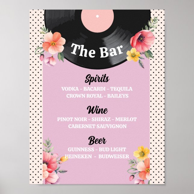 The Bar Floral Wedding Music Record Wedding Poster (Front)