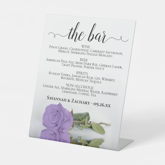 The Bar - Lavender Purple Rose Drinks Menu Wedding Pedestal Sign (Front)
