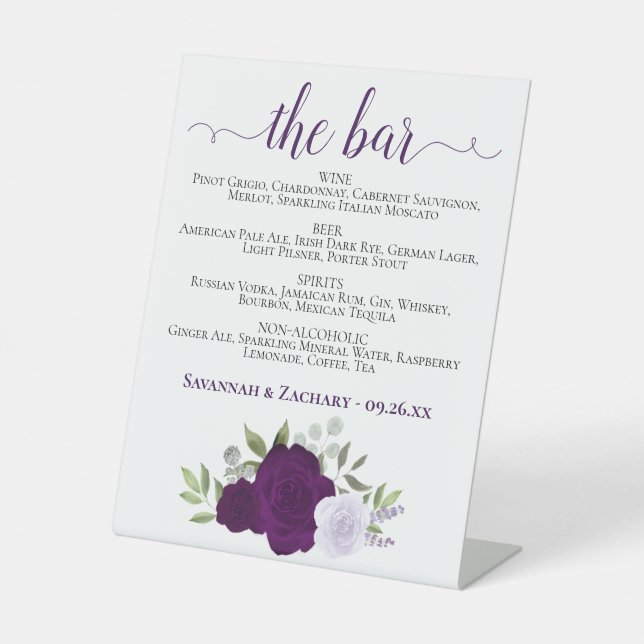 The Bar - Purple Boho Roses Drinks Menu Wedding Pedestal Sign (Front)