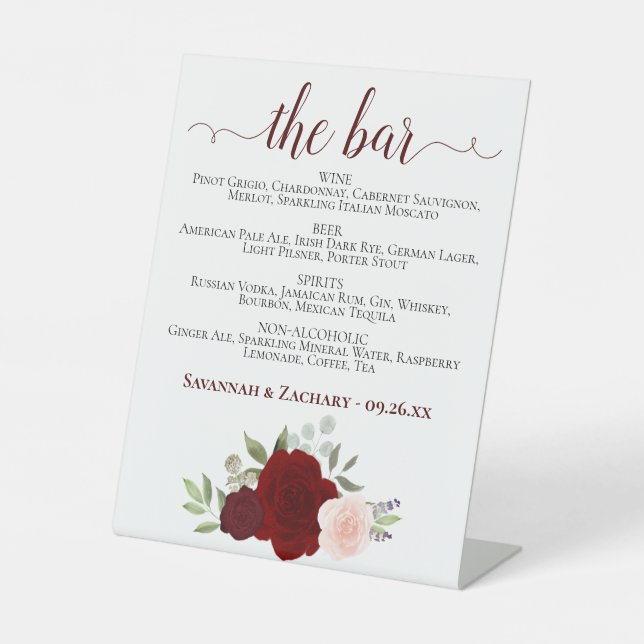 The Bar - Red & Pink Roses Drinks Menu Wedding Pedestal Sign (Front)