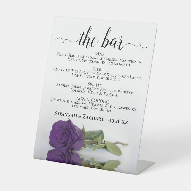 The Bar - Royal Purple Rose Drinks Menu Wedding Pedestal Sign (Front)