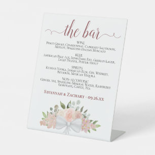 The Bar - Rustic Pink Floral Drinks Menu Wedding Pedestal Sign