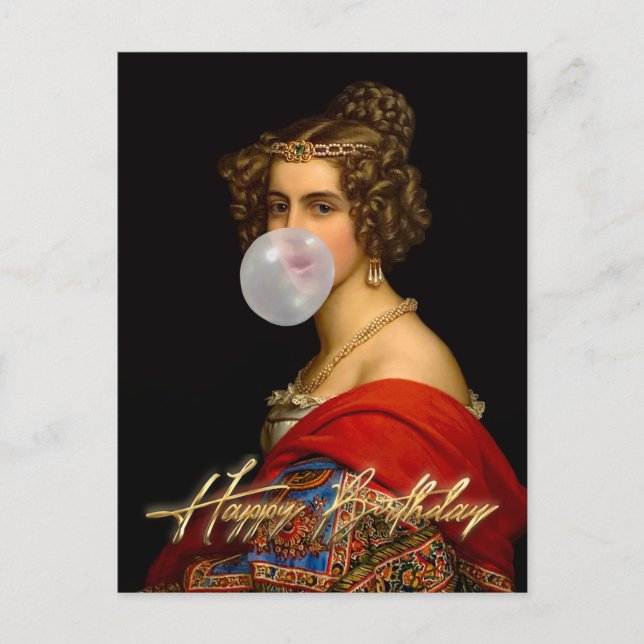 The Bavarian Beauty and Bubble Gum Happy Birthday Postcard (Front)