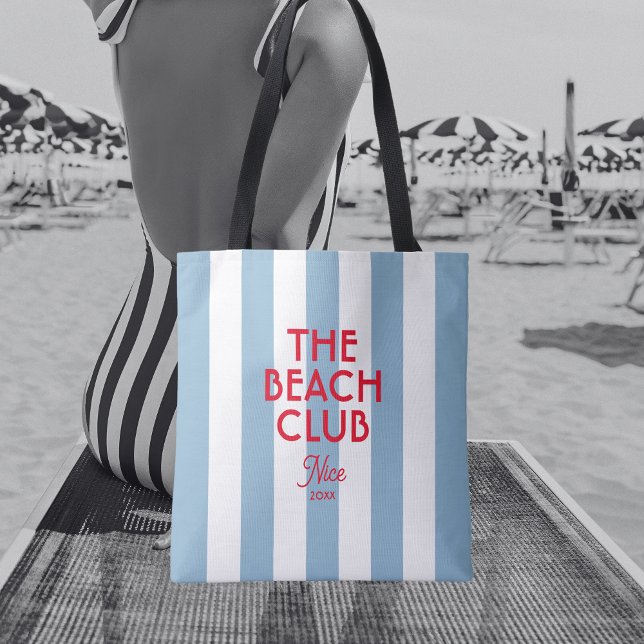 The Beach Club French Red Blue Cabana Stripe Tote Bag (Creator Uploaded)