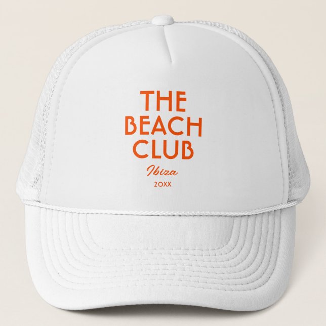 The Beach Club Ibiza Vibrant Orange Custom Trucker Hat (Front)