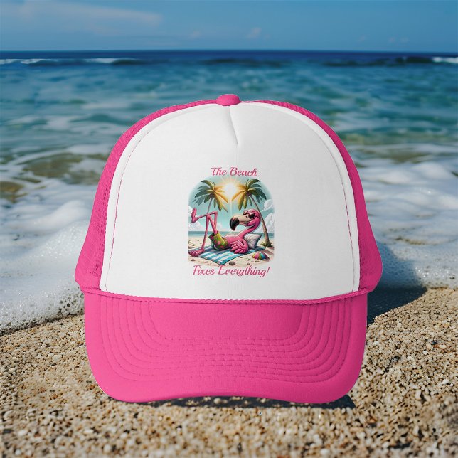 The Beach Fixes Everything' Flamingo Beach Trucker Hat (Creator Uploaded)