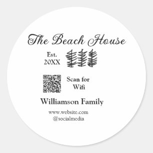 The beach house add family name Q R scan wifi webs Classic Round Sticker