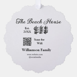 The beach house add family name Q R scan wifi webs Tree Decoration Card