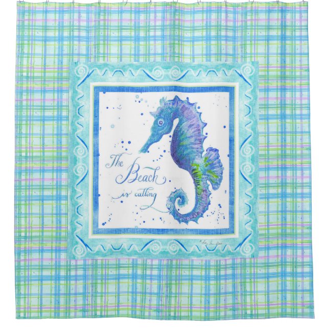 The Beach is Calling Seahorse Ocean Bathroom Decor Shower Curtain (Front)
