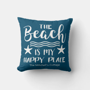 The Beach Is My Happy Place Quote Coastal Nautical Cushion