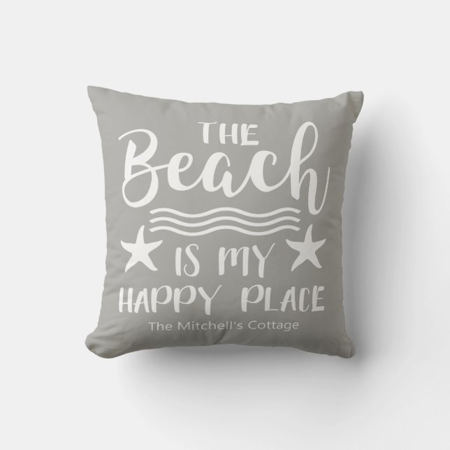 The Beach Is My Happy Place Quote Coastal Nautical Cushion (Front)