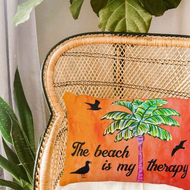 The Beach is My Therapy Tropical Palm Orange Decorative Cushion (What's better than a day at the beach to calm your mind and let you relax? This pillow says it all!)