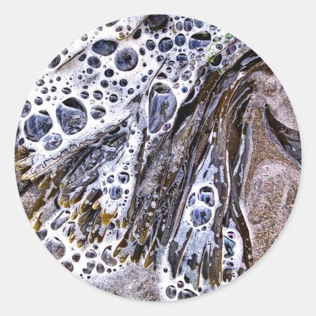 THE BEACH, SEAWEED, WATER AND SAND CLASSIC ROUND STICKER (Front)