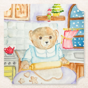 The bear bakes gingerbread paper coaster